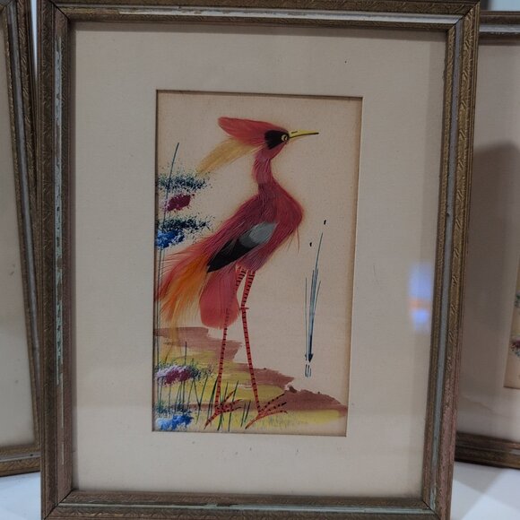 VINTAGE Art Deco Feathercraft Feather Bird Art Framed Set Of 3 - Picture 4 of 10